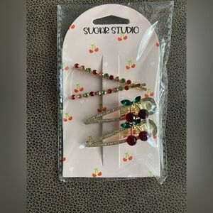 Sugar Studio Cherry Rhinestone Hair Clips Set – Bobby Pins & Barrettes – New